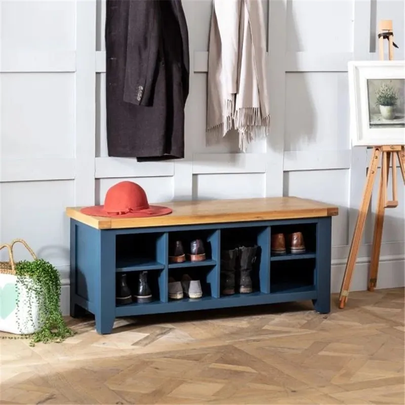 Solid Oak Wooden Blue Painted Hallway Shoe Storage Bench