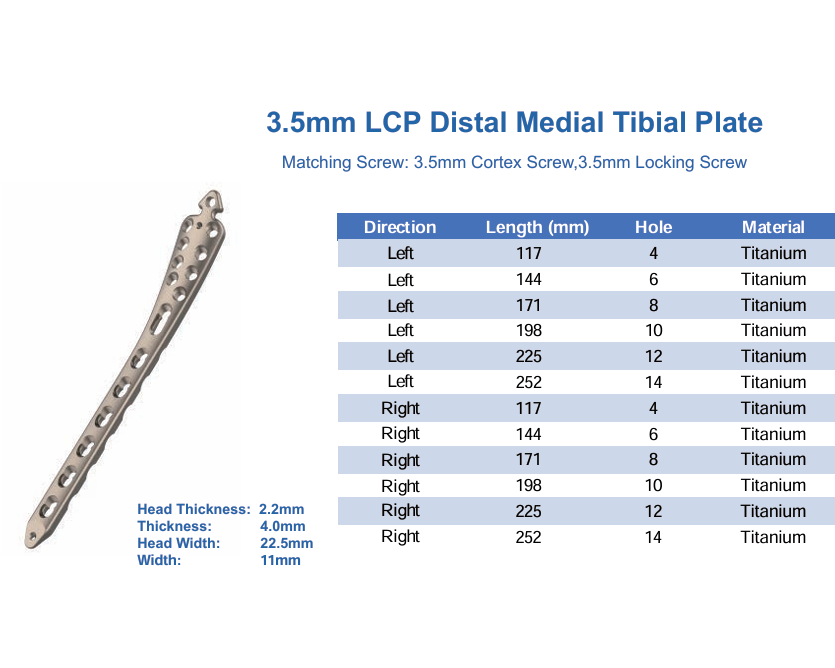CANWELL Distal Medial Tibial Locking Plate 3.5mm Compression Bone Orthopedic Implants Trauma Fracture Surgery CE OEM Titanium