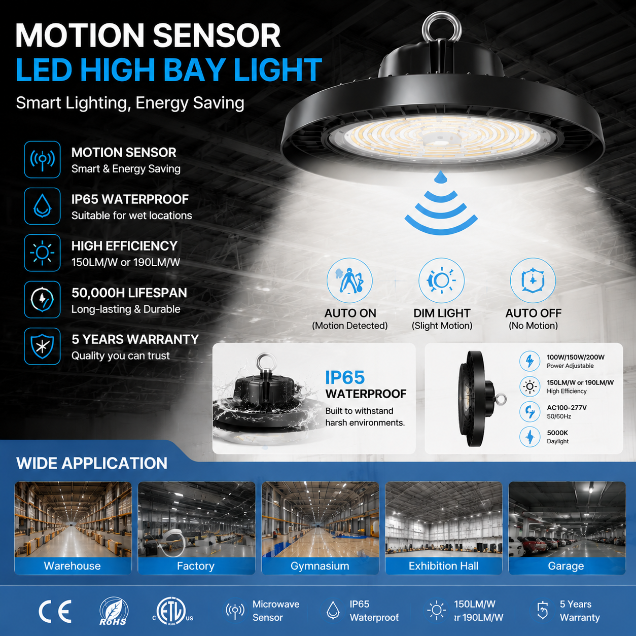 IP65 Waterproof Warehouse High Brightness 200W Ufo Hight Bay Light High Lumens Commercial Lighting High Bay Industrial Lighting