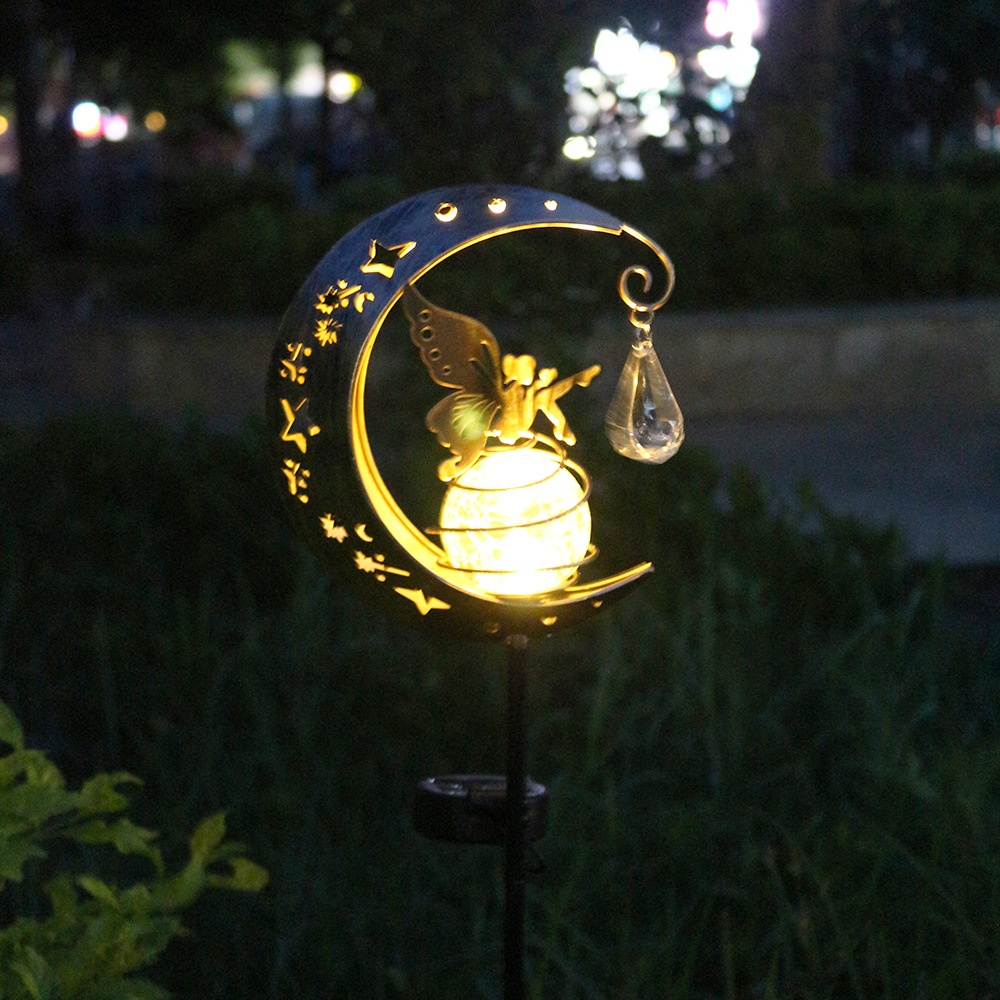 Solar LED Fairy Moon Lamp Crack Glass Ball Ground Plug Outdoor Garden Decorative Light