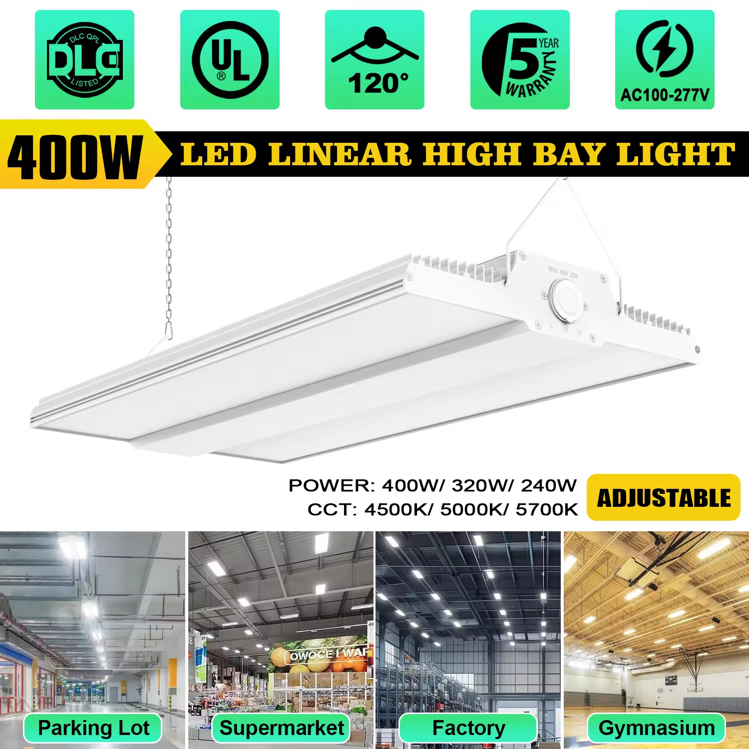 Linear High Bay Lights LED 150W-400W IP65 Anti-Glare Durable 5-Year Warranty 120 Beam Angle Dimmable Warehouse Commercial Canopy