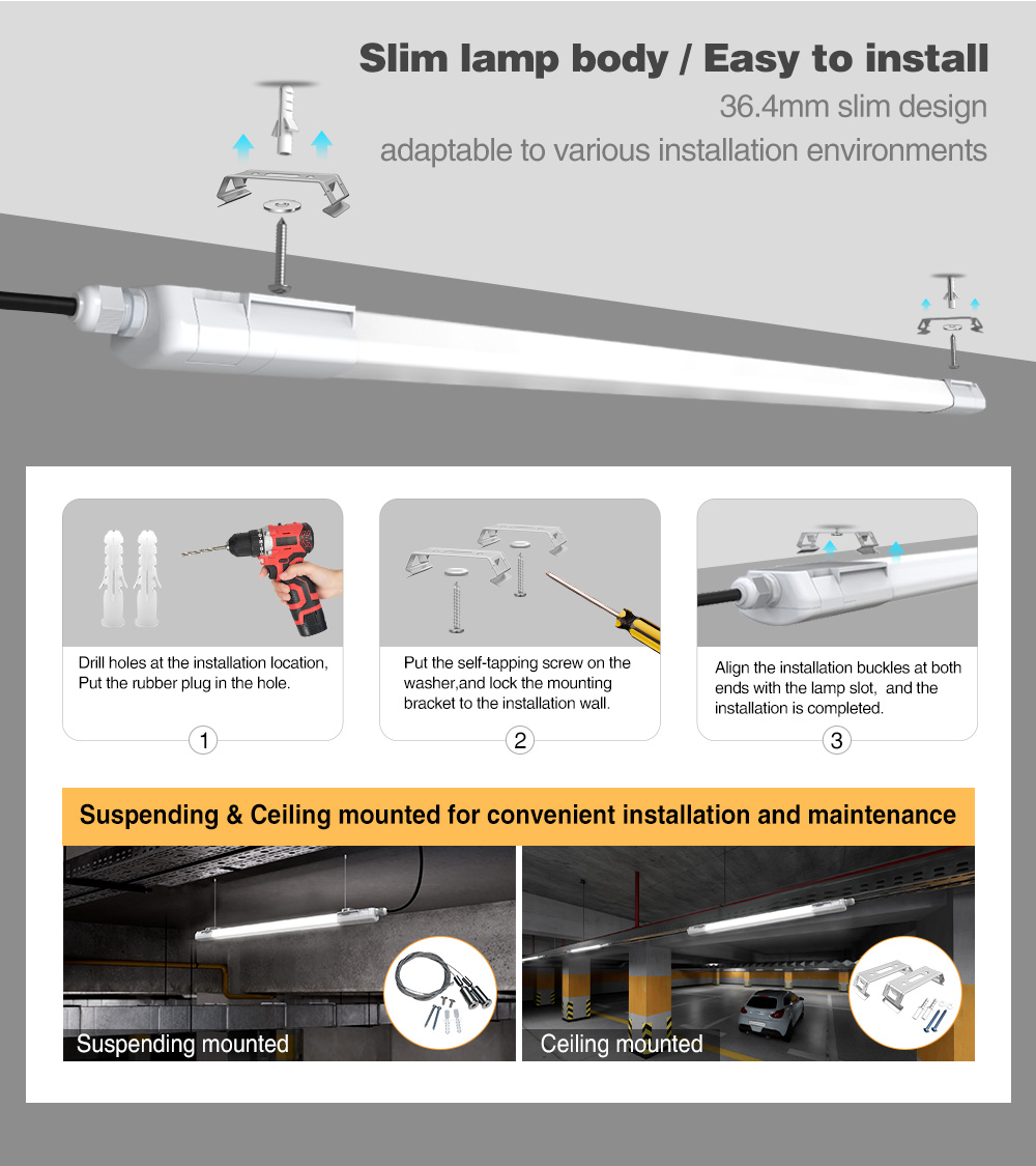 Custom PC IP65 Linear Tri-proof Light 150lm/w Linkable Dimmable Led vapor Tight Light
