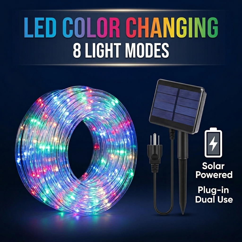 Solar Plug Dual Power IP65 Waterproof LED Rope Lights RGB Color Changing 8 Modes Clear PVC Tube 10m 20m Garden Patio