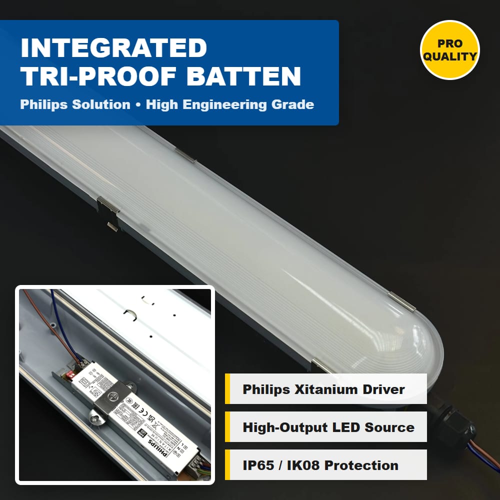 IP65 LED Tri-proof Light with for Xitanium Driver 1.2m Industrial Batten Fixture ABS+PC Supermarket 3-Year Warranty