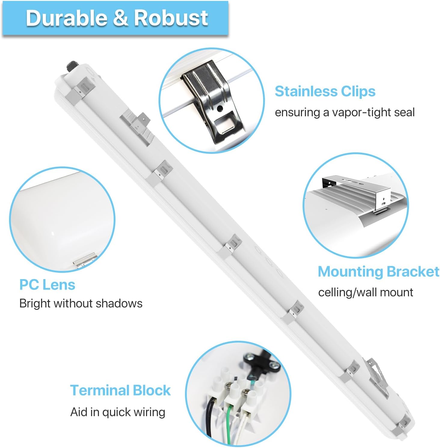 In Stock 40W 4FT LED Vapor Tight Light Fixture 5200LM 5000K Outdoor Waterproof IP65 UL DLC Lighting Tri-proof Light