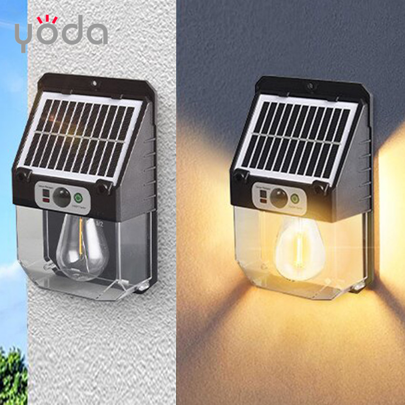 IP65 Waterproof ABS Motion Sensor LED Solar Wall Lights Tungsten Bulb Shaped for Garden Outdoor Use