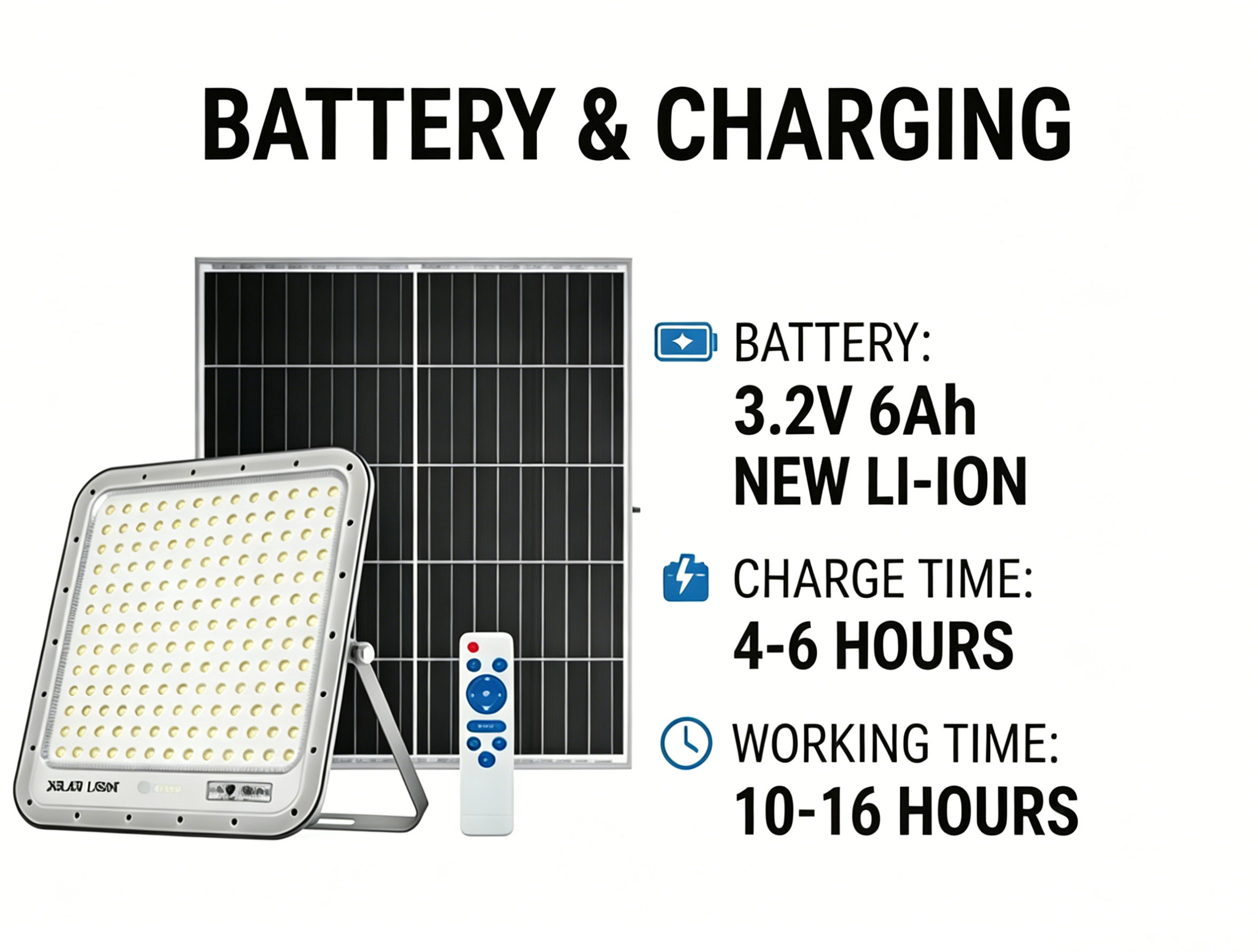 60W Solar Flood Light Outdoor 700LM 8000K Cool White Security Lamp with Remote 6Ah Battery 16H Working Time Aluminum Case
