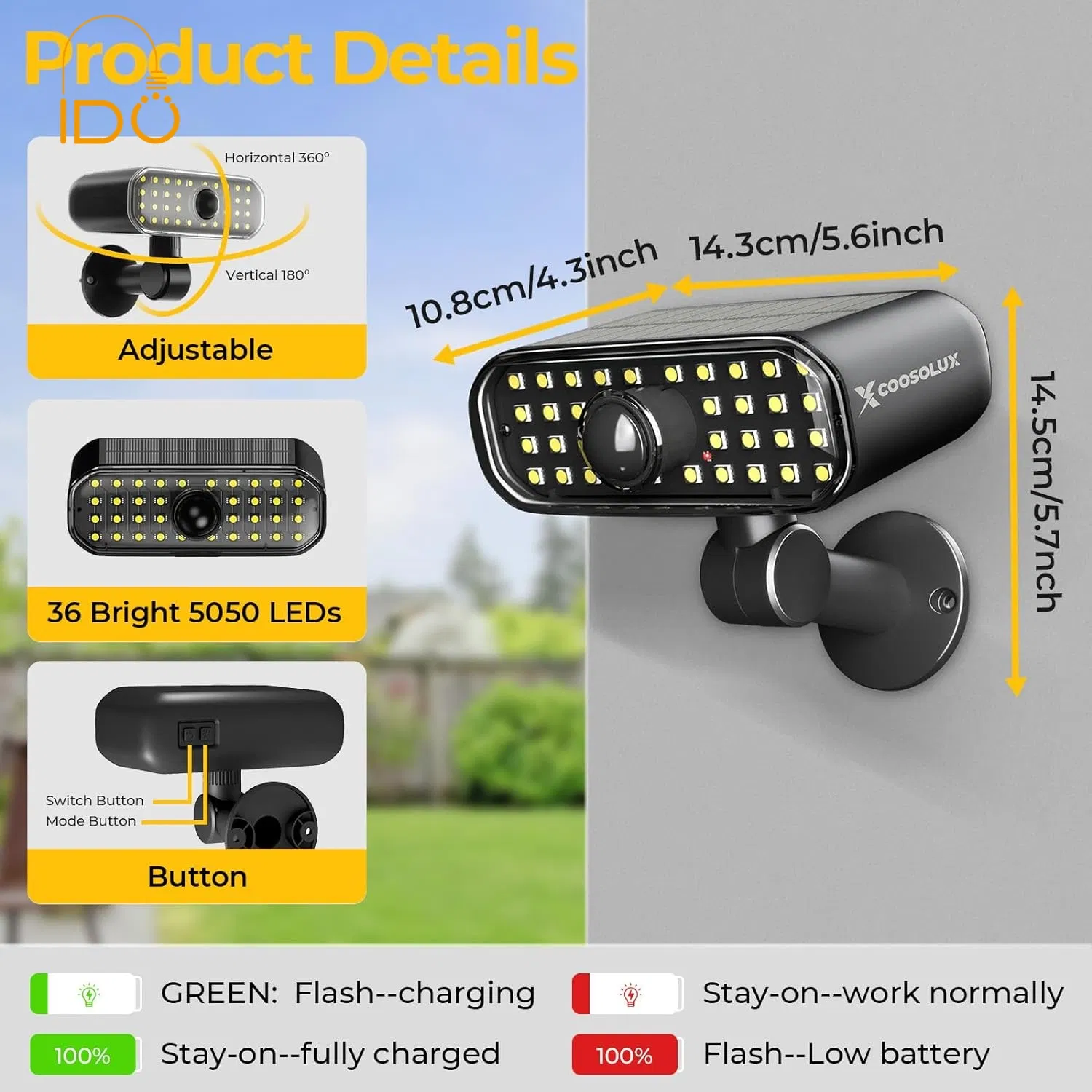 IP65 Waterproof Solar Wall Light, Motion Sensor Neutral Cool White