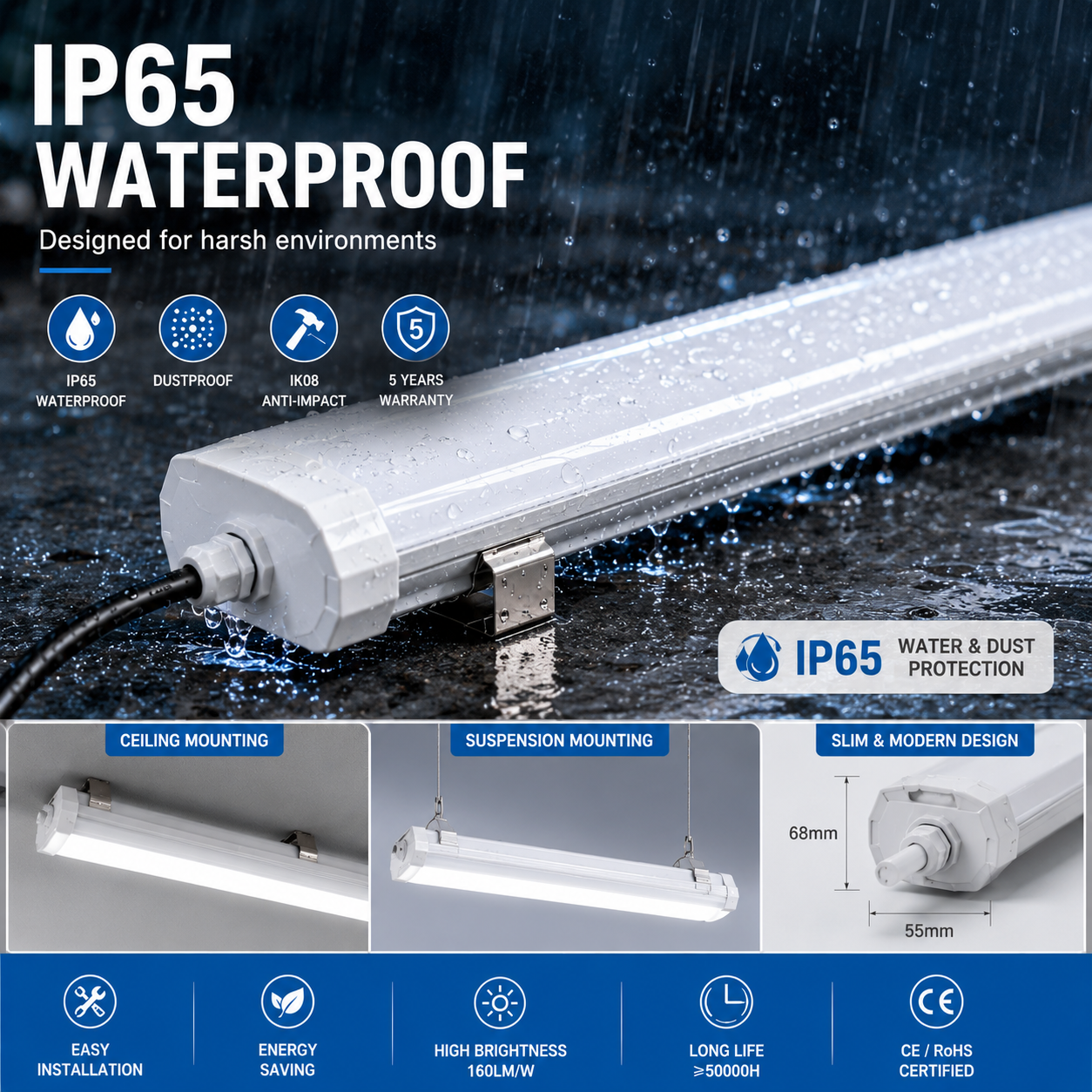 ROHS Certified 1200mm LED Tube 4ft 1.2m Tri-proof PC Waterproof IP66 IC Driver 20W 30W Warehouse Use