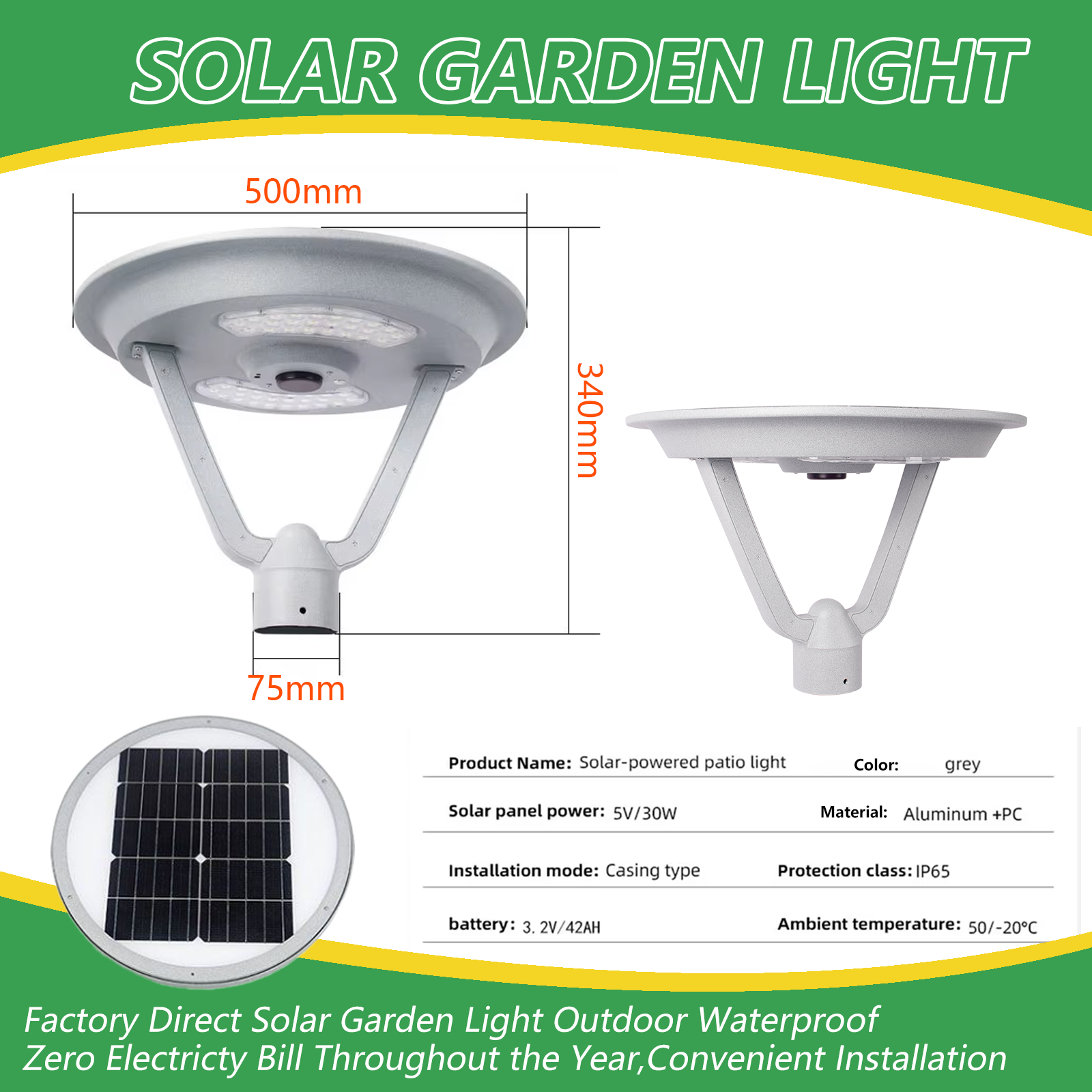 Solar Garden Light LED IP65 Rainy Day Charging Monocrystalline Panel
