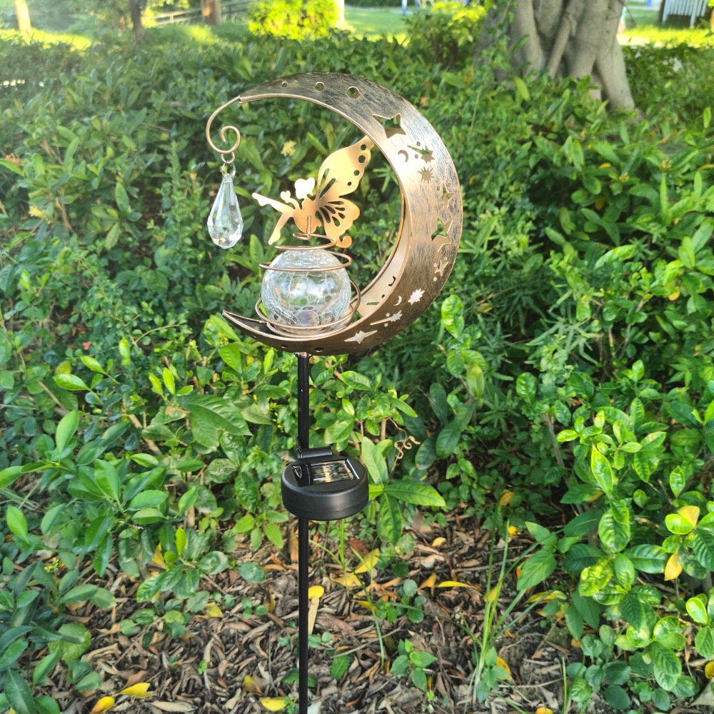 Solar LED Fairy Moon Lamp Crack Glass Ball Ground Plug Outdoor Garden Decorative Light
