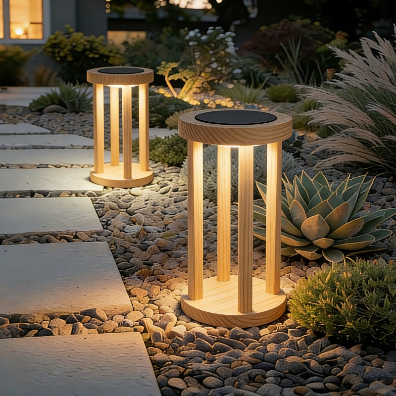 Solar Outdoor Garden Light with a Hanging Design, LED Lighting System, and a Lamp Frame Made of Natural Wooden Material