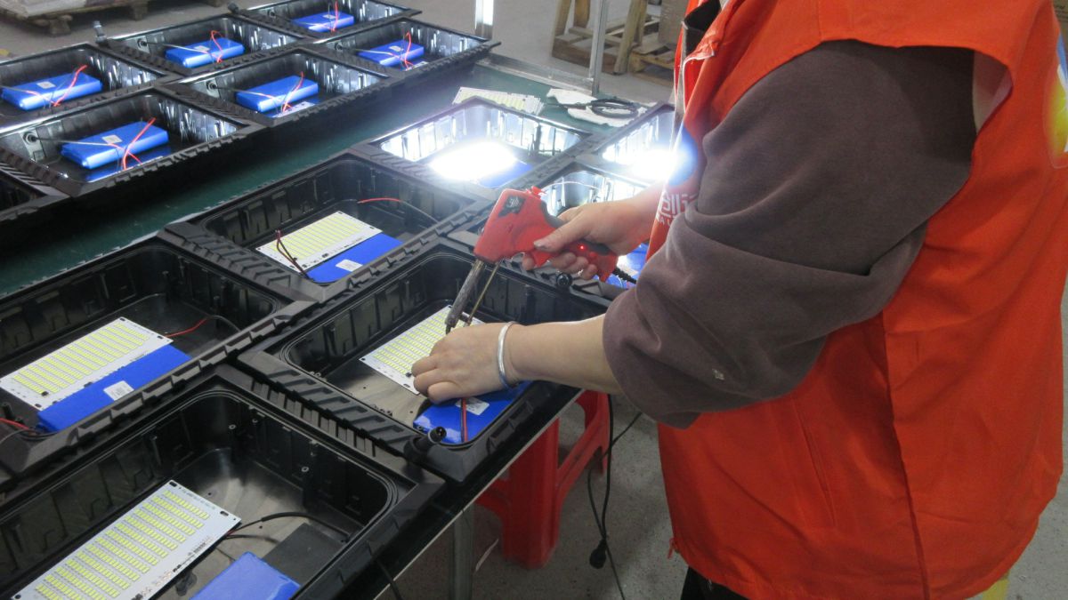 LED circuit board welding process at Habel Lighting manufacturing facility