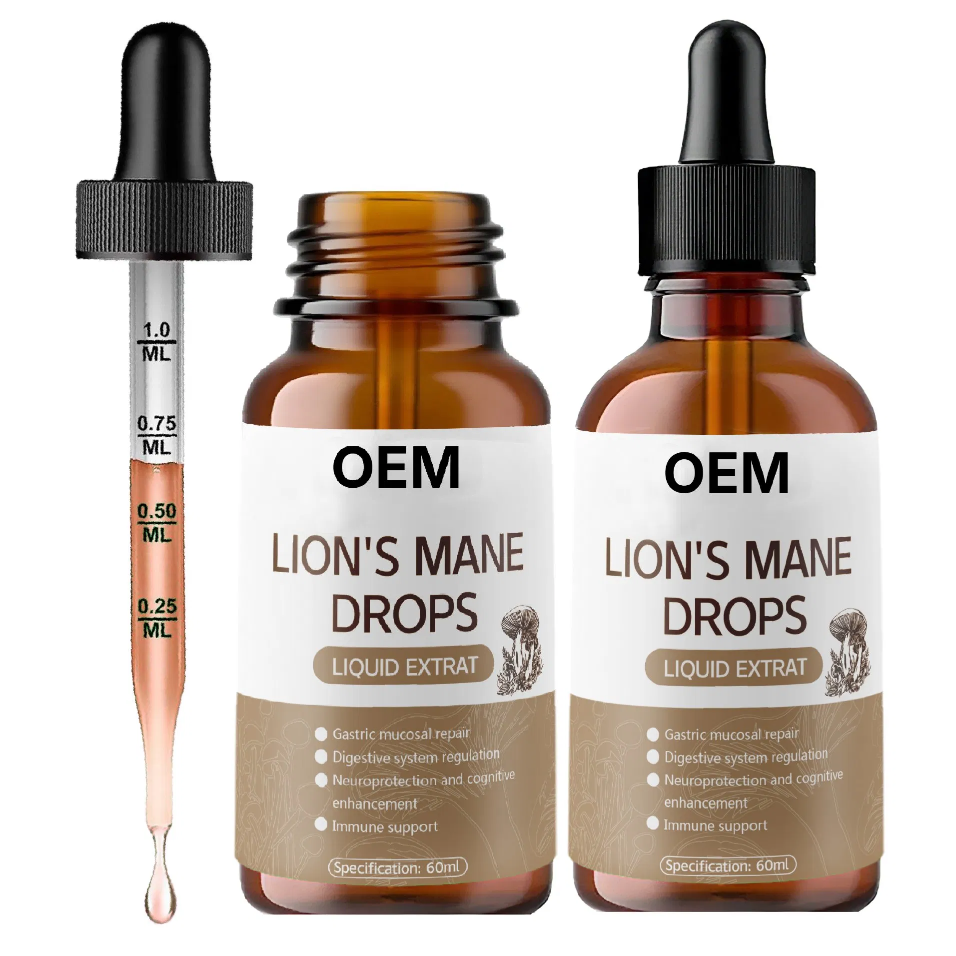 OEM Lion's Mane Drops Cognitive Enhancement Neuroprotection Digestive System Regulation Gastric Mucosal Repair Antioxidant Properties