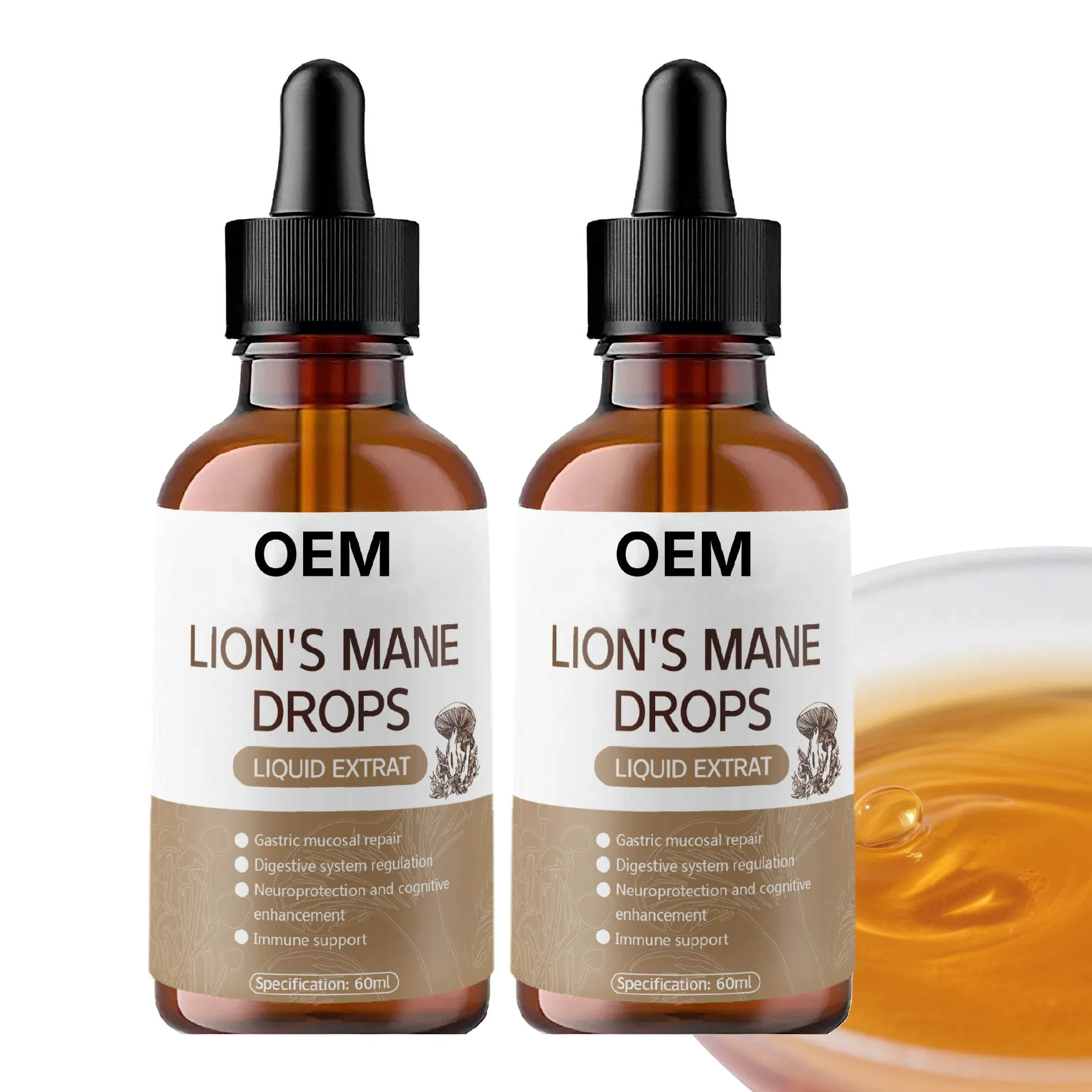 OEM Lion's Mane Drops Cognitive Enhancement Neuroprotection Digestive System Regulation Gastric Mucosal Repair Antioxidant Properties
