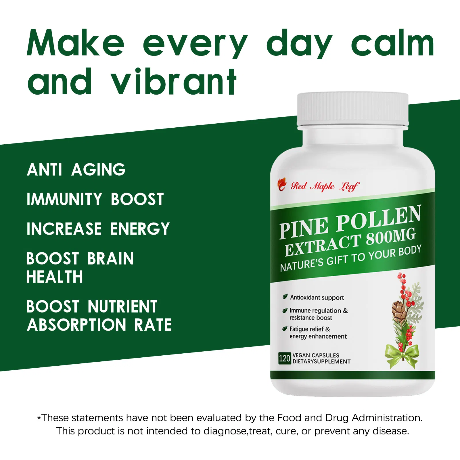 Pine Pollen Extract Capsules Natural Antioxidant, Immune Support &amp; Energy Booster Vegan