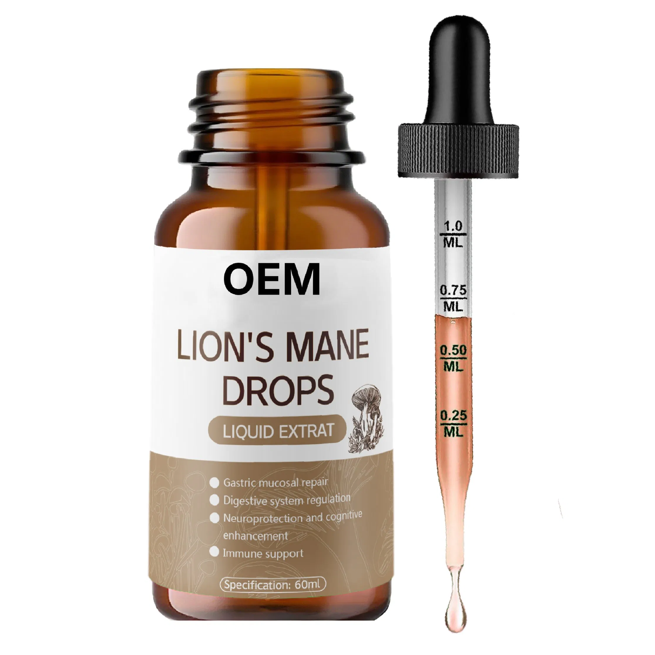 OEM Lion's Mane Drops Cognitive Enhancement Neuroprotection Digestive System Regulation Gastric Mucosal Repair Antioxidant Properties