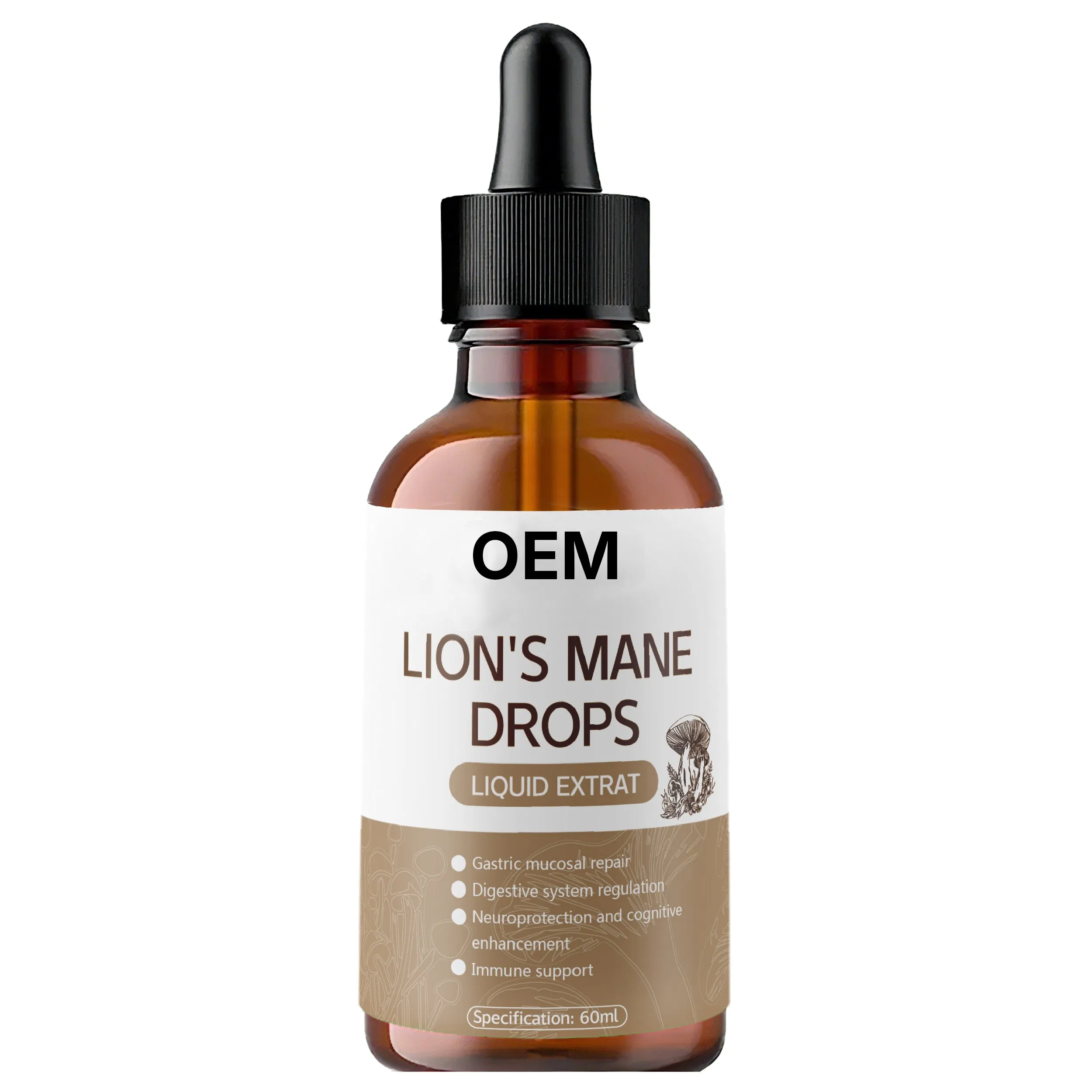 OEM Lion's Mane Drops Cognitive Enhancement Neuroprotection Digestive System Regulation Gastric Mucosal Repair Antioxidant Properties