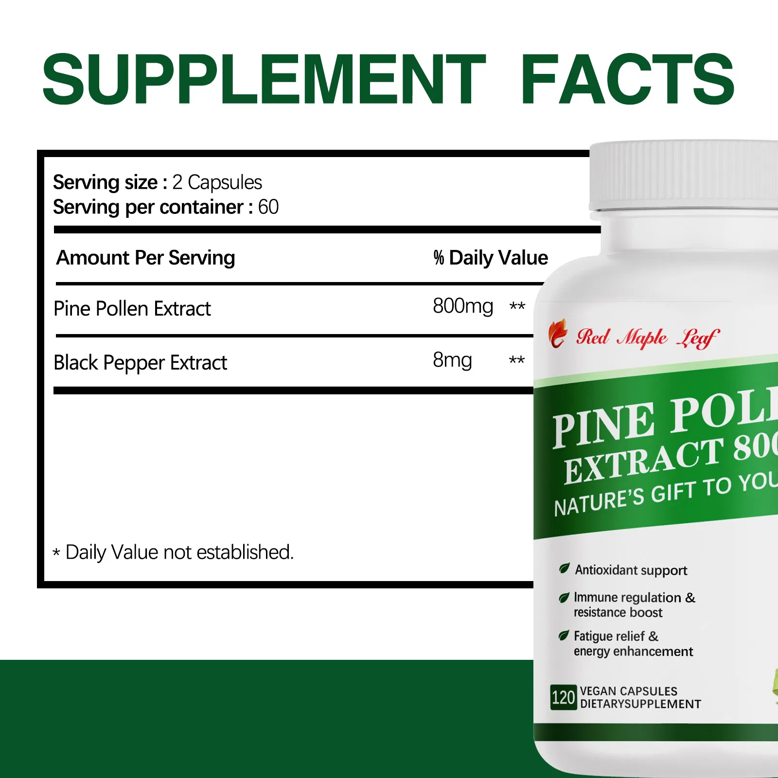Pine Pollen Extract Capsules Natural Antioxidant, Immune Support &amp; Energy Booster Vegan