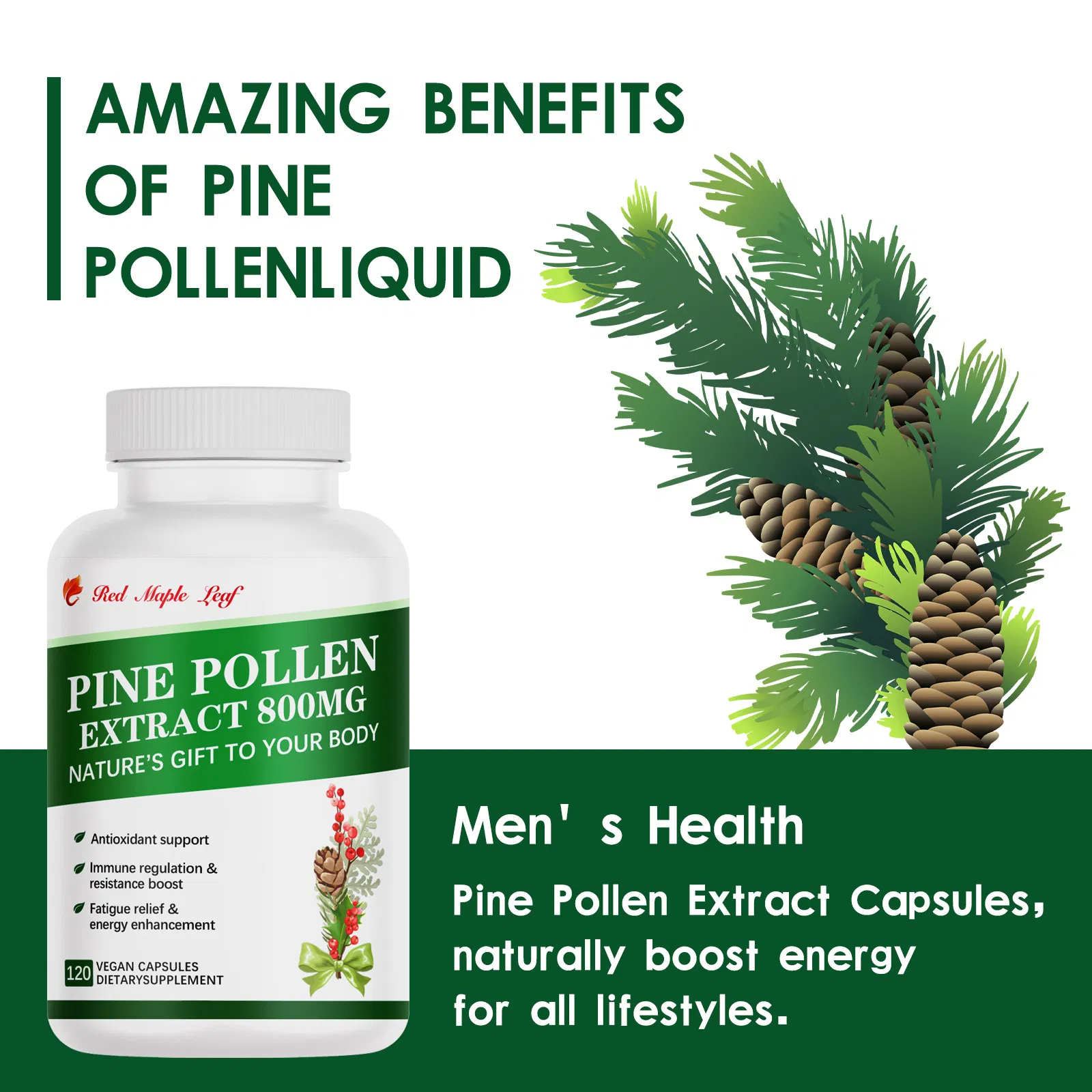 Pine Pollen Extract Capsules Natural Antioxidant, Immune Support &amp; Energy Booster Vegan