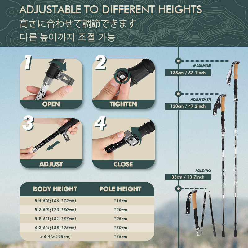Kinggear Collapsible Nordic Hiking Poles 2PC Ultralight Folding Walking Sticks Aluminum Foldable Trekking Poles for Women Men