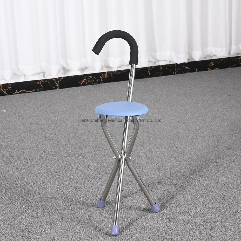Foldable Stainless Steel Walking Stick Cane Seat Four Legs Cane with Chair Folding Crutch