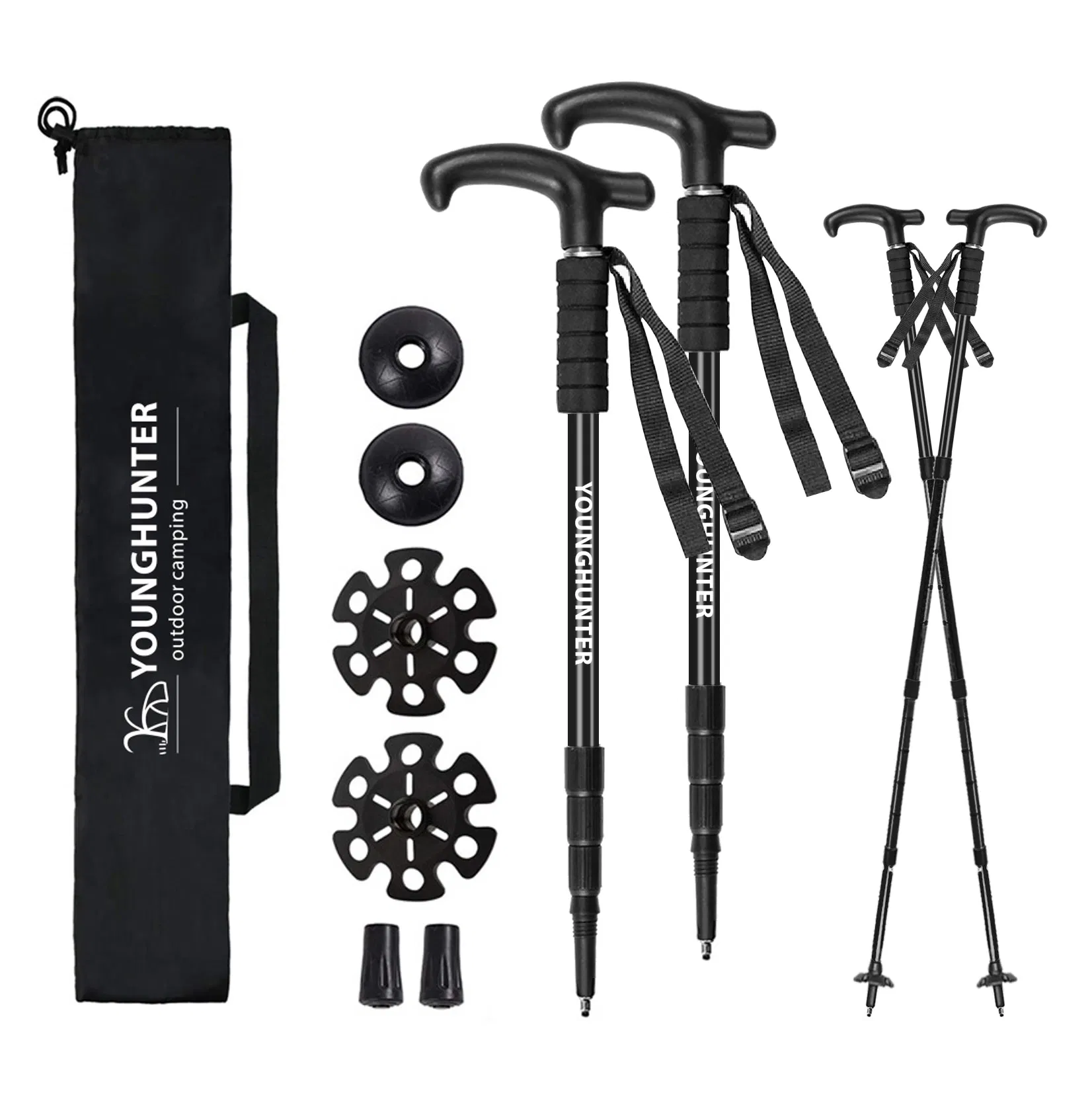 Outdoor Trekking Poles Hiking Camping Mountain Climbing Walking Cross Country Folding Telescopic T Handle Straight Handle Four-S