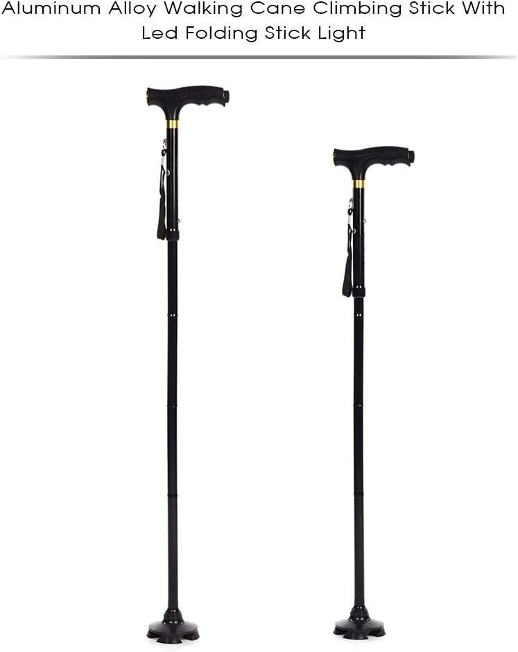 Folding Walking Cane with LED Light, Walking Cane Adjustable Walking Stick 4 Prong Anti-Slip Quad Cane
