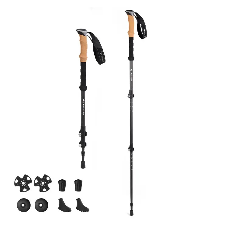 3-Section Walking Stick Ultralight Natural Cork Grip Telescopic Hiking Sticks Carbon Fiber Trekking Poles