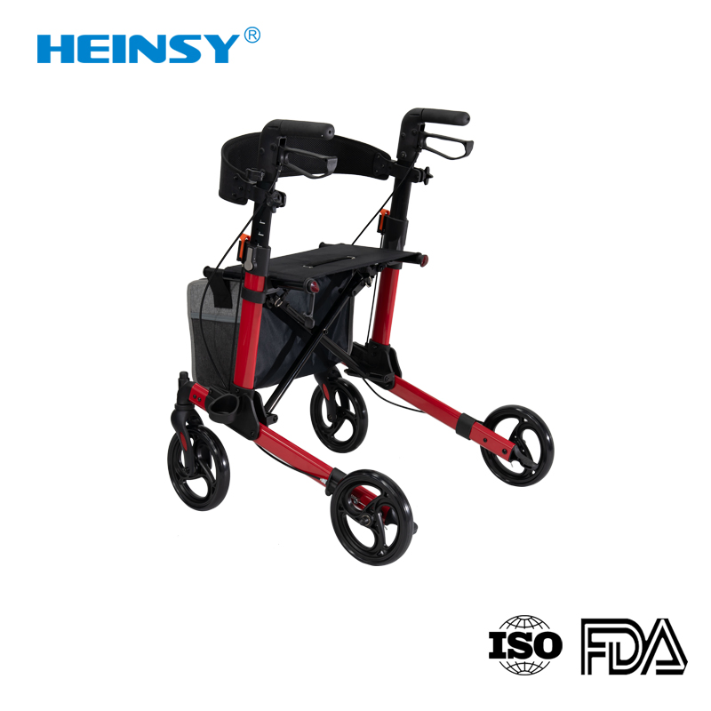 Hes-905 Aluminum Alloy Rollator Folding Walker Portable Patient Adjustable Walker Rollator Shopping Cart Medical Outdoor Rollator Walker with Seat