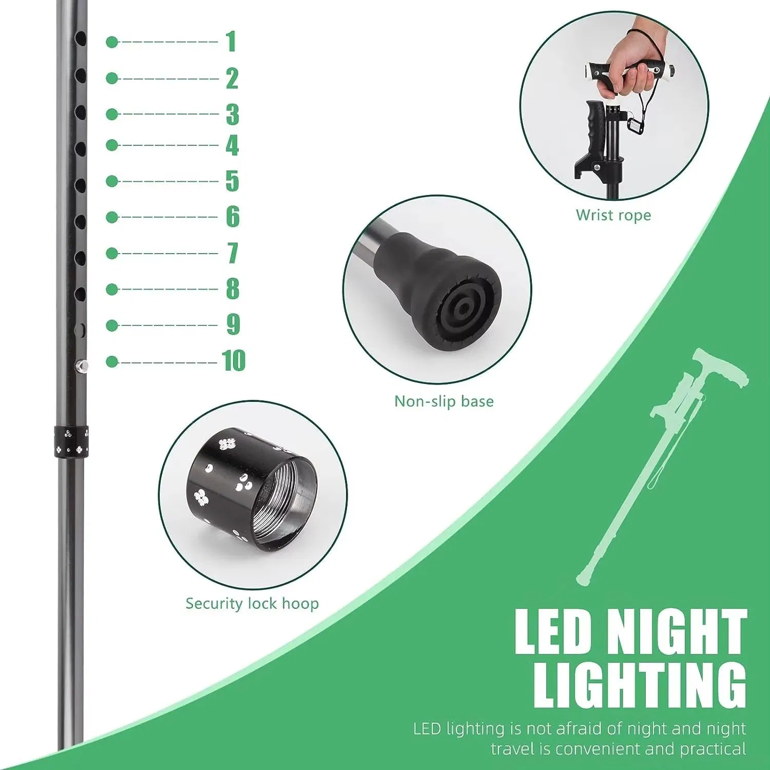 Walking Cane for Lightweight Height Adjustable Walking Stick Heavy Duty Foldable Free Standing Cane with LED for Seniors Adults