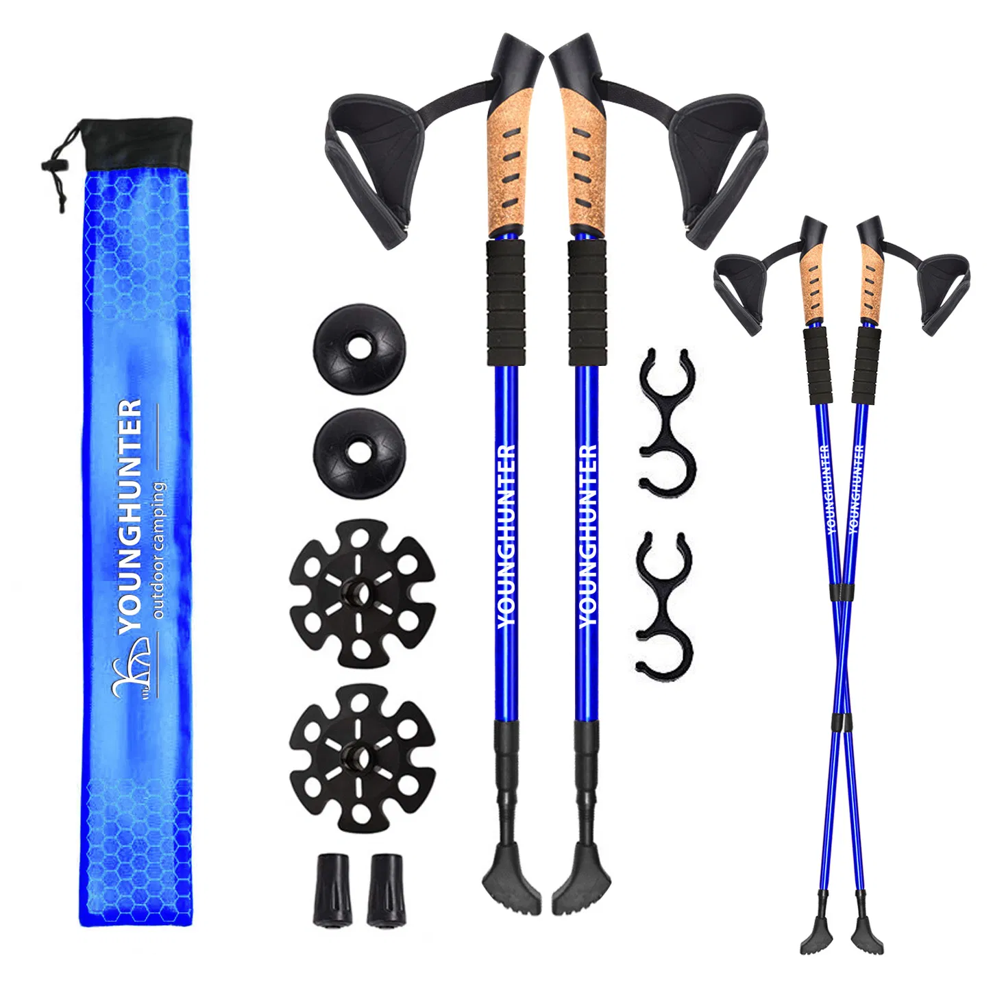 Lightweight 65-135cm Available Blue Color Aluminum Trekking Poles with Anti-Shock Cushioning Telescopic Adjustment