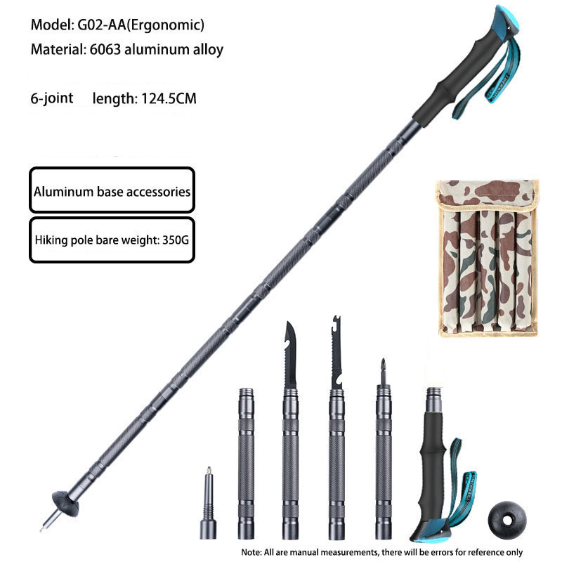 Multifunctional 6-Section Trekking Pole Outdoor Folding Telescopic Walking Stick for Hiking Mountaineering