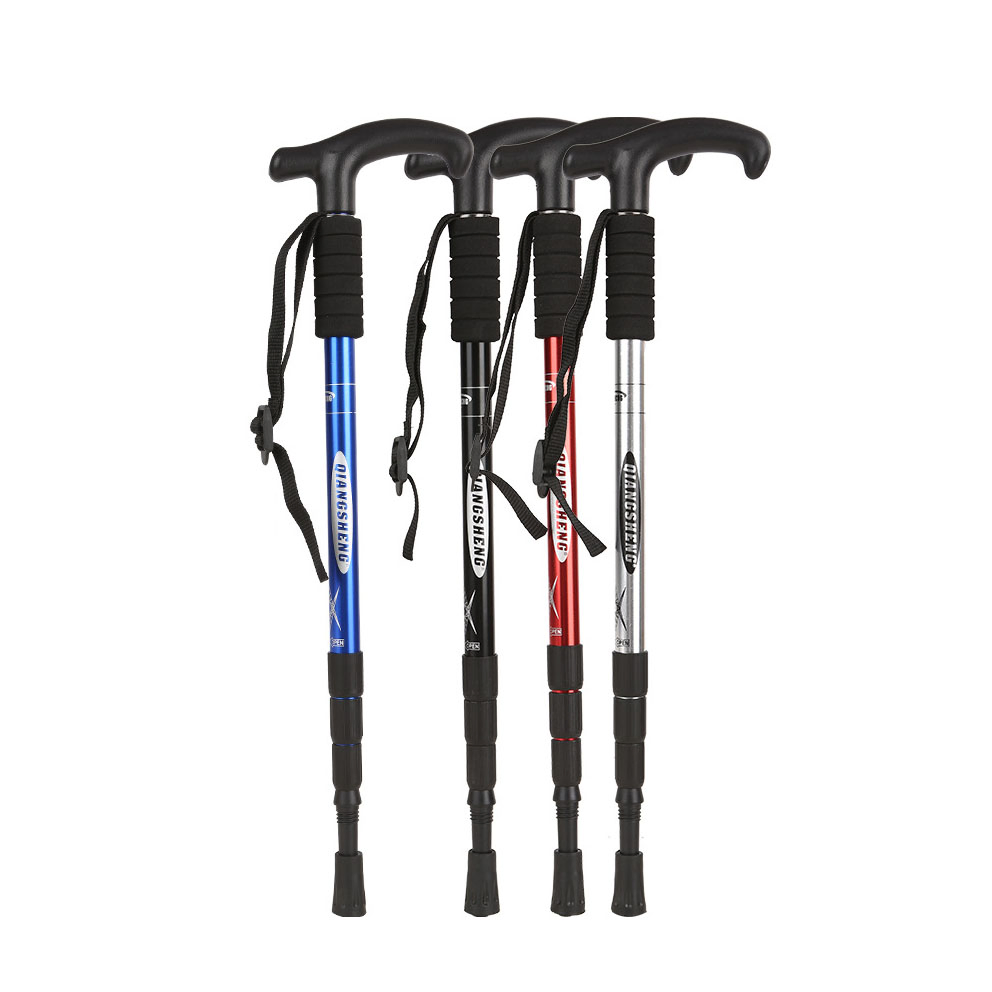 Outdoor Trekking Poles Hiking Camping Mountain Climbing Walking Cross Country Folding Telescopic T Handle Straight Handle Four-S
