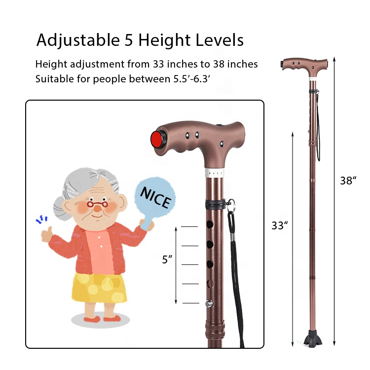 Kinggear 5 Sections Single Based Folding Elderly Walking Stick Cane with LED Light