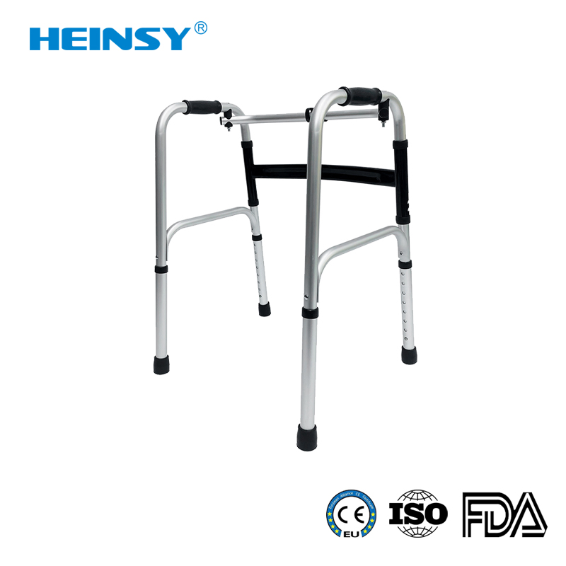 Hes-7101 Aluminum Alloy Orthopedic Adjustable Stand up Walker Aids Outdoor Folding Adult Aid Mobility Frame Rollator Walker with Seat