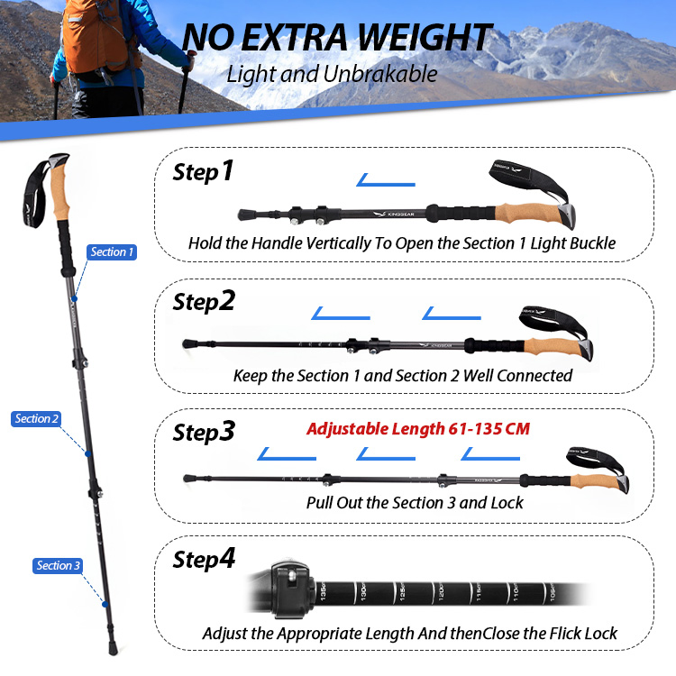 Telescopic Hiking Pole Carbon Fiber Nordic Walking Stick with Quick Lock System
