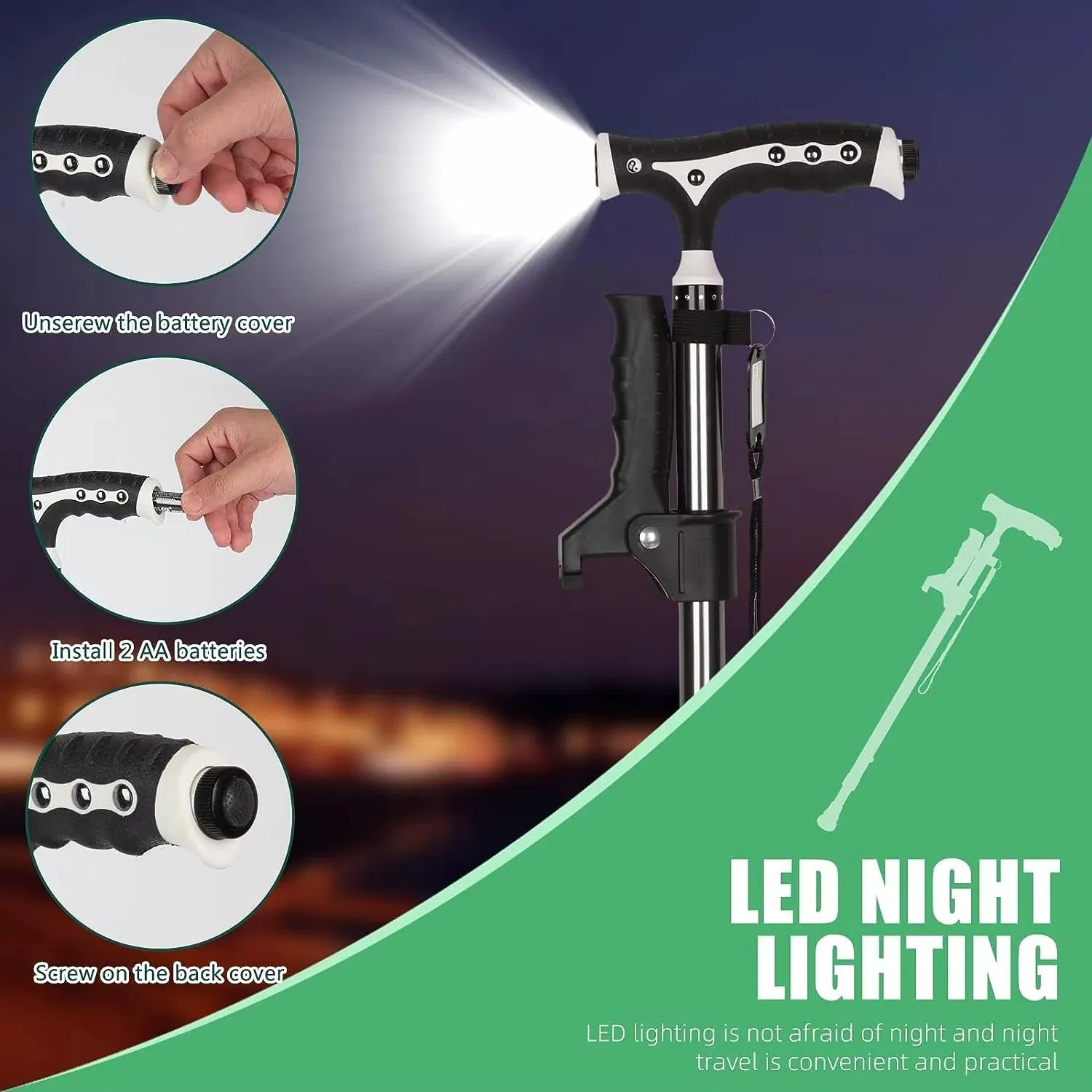 Walking Cane for Lightweight Height Adjustable Walking Stick Heavy Duty Foldable Free Standing Cane with LED for Seniors Adults