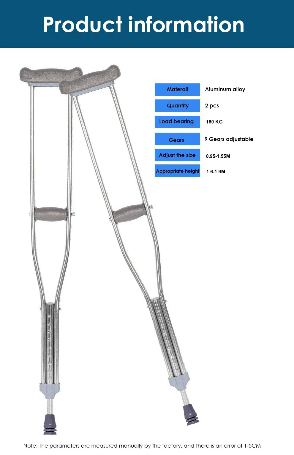 Rehabilitation Therapy Lightweight Comfortable Pad Aluminum Crutches Forearm Walking Cane Height Adjustable Underarm Crutches
