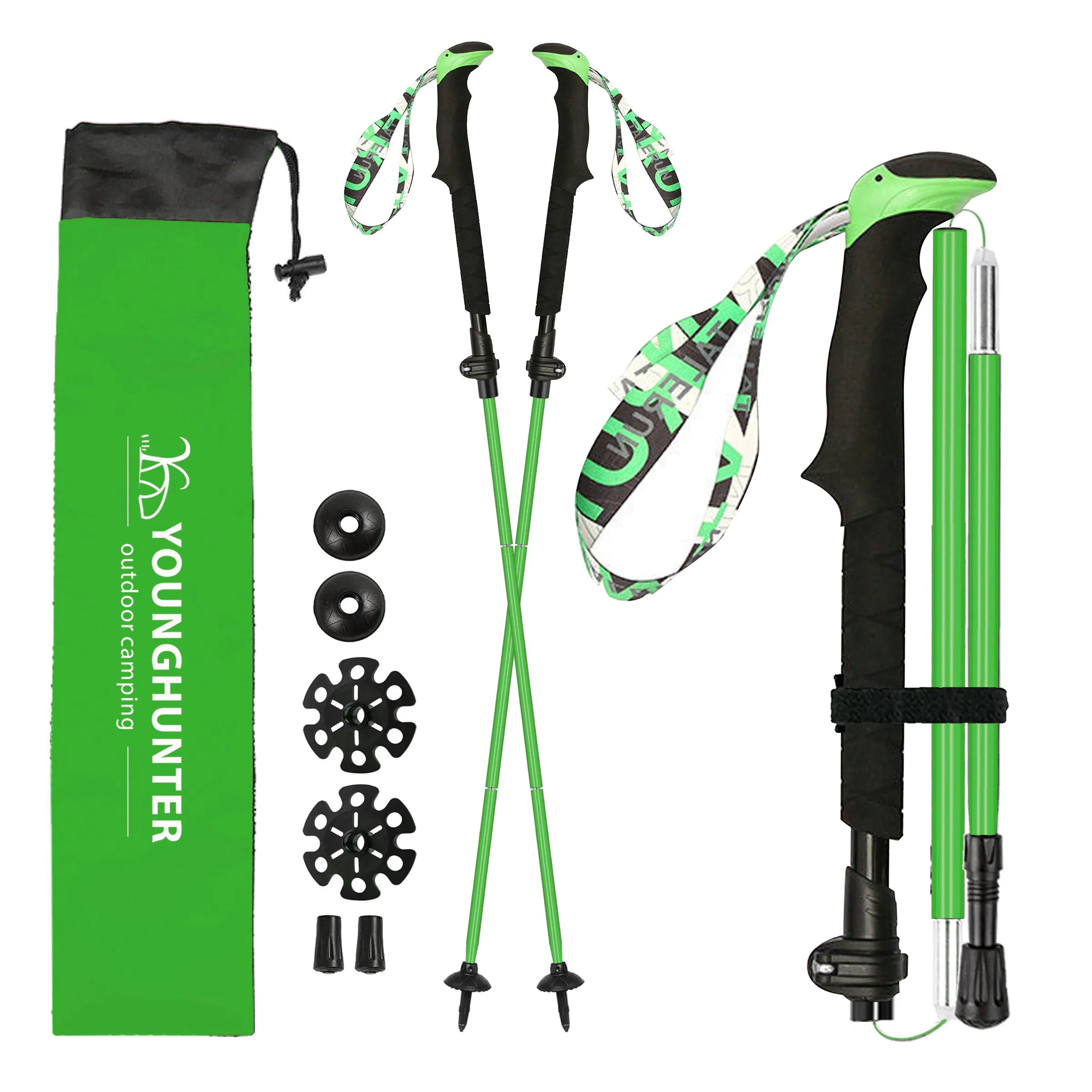 100% Carbon EVA Handle Silk Screen Printing Telescopic Anti Shock Hiking Walking Sticks Trekking Poles-Green