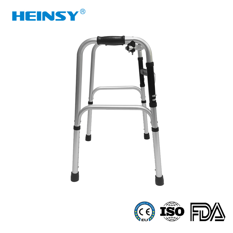 Hes-7101 Aluminum Alloy Orthopedic Adjustable Stand up Walker Aids Outdoor Folding Adult Aid Mobility Frame Rollator Walker with Seat