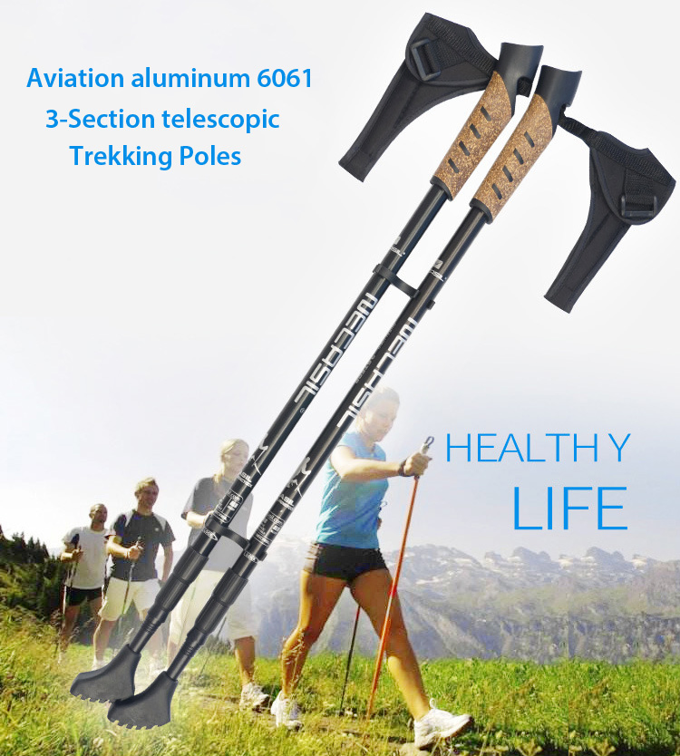 Cork Grip Padded Strap Quick Adjust Flip Lock Walking Sticks Lightweight 3 Section Nordic Strong Aircraft Aluminum Hiking Poles