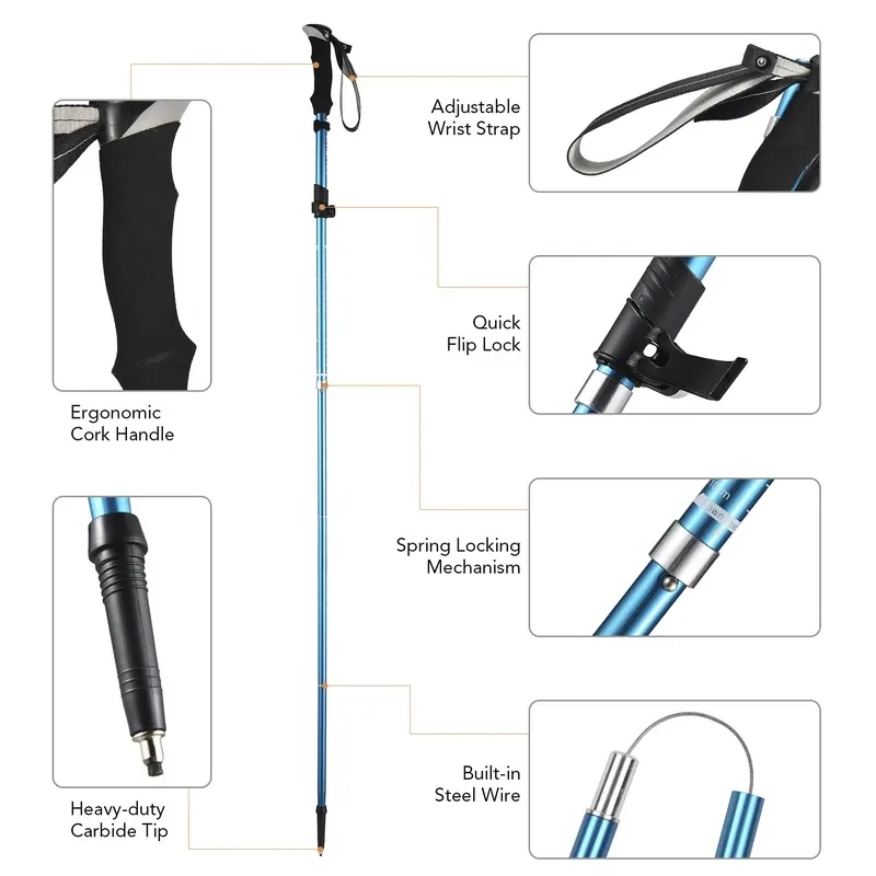 Outdoor Lightweight Hiking Camping Collapsible Trekking Pole Five-Fold Walking Stick Customized Poles