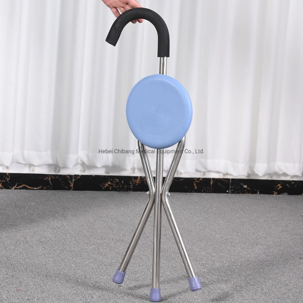 Foldable Stainless Steel Walking Stick Cane Seat Four Legs Cane with Chair Folding Crutch
