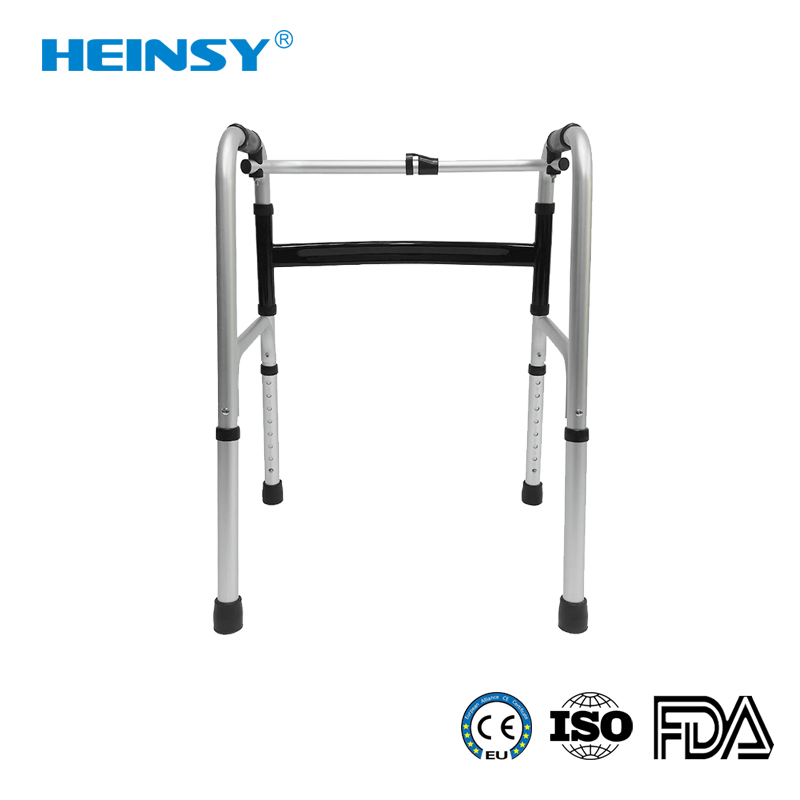 Hes-7101 Aluminum Alloy Orthopedic Adjustable Stand up Walker Aids Outdoor Folding Adult Aid Mobility Frame Rollator Walker with Seat