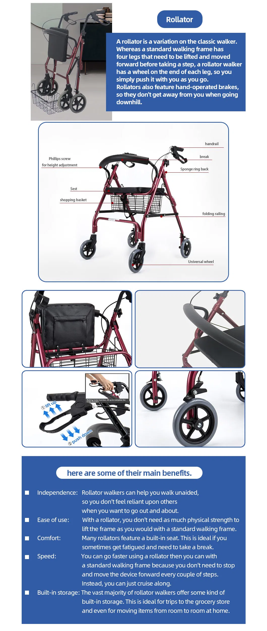 Foldable Aluminum Rollator Walker with Seat and Hand Brakes