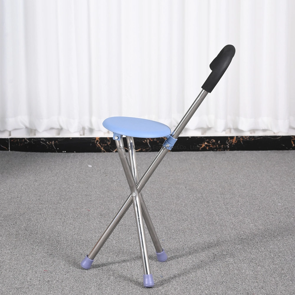 Foldable Stainless Steel Walking Stick Cane Seat Four Legs Cane with Chair Folding Crutch