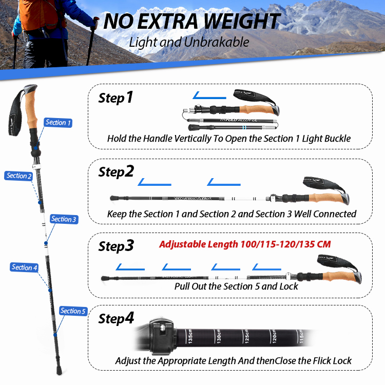 Carbon Foldable Snow Alpenstock Mountaineering Cane Hiking Nordic Walking Sticks Trekking Poles for Outdoor