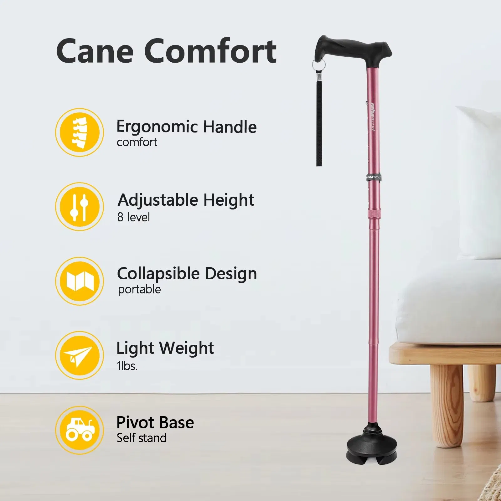 Rehaescort Portable Collapsible Lightweight Medical Supplies Adjust Crutch Walking Stick Foldable Walking Cane for The Elderly
