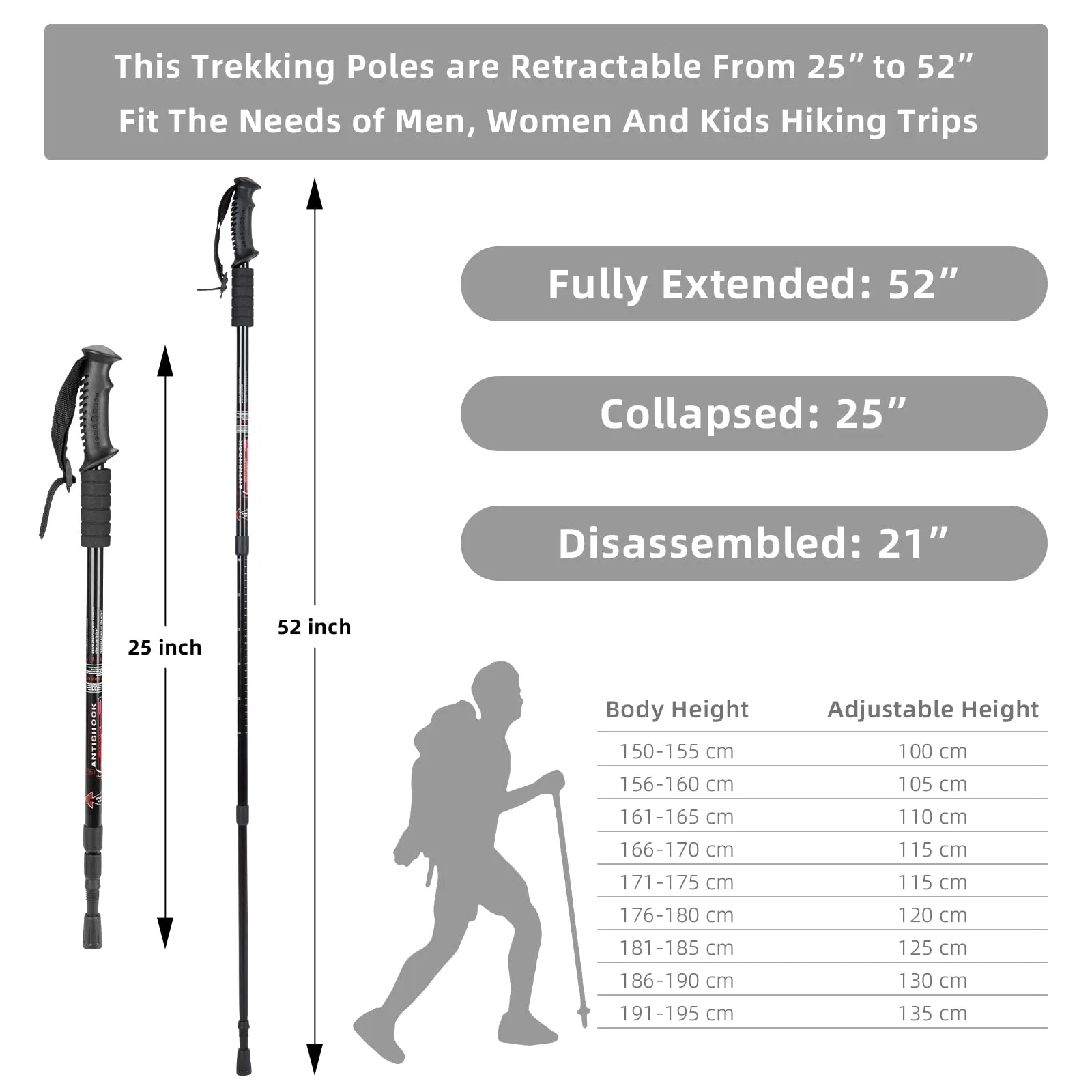 Aluminum Adjustable Walking Sticks Anti Shock Lightweight Hiking Trekking Poles